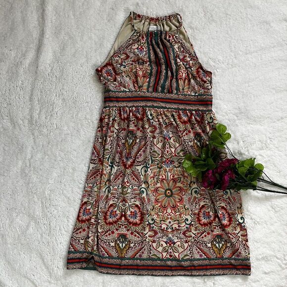 London Times Petit Women Mini Dress Size 4P Multicolor Print‎ Strech Keyhole - Picture 1 of 7